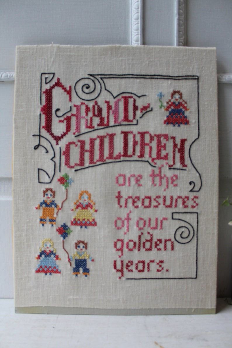 Vintage Cross Stitch Embroidery Grandchildren are the treasures of our golden years. Grandparent Wall Hanging Unframed 12 x 16 image 3