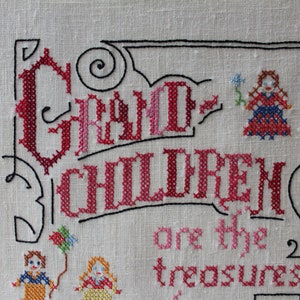 Vintage Cross Stitch Embroidery Grandchildren are the treasures of our golden years. Grandparent Wall Hanging Unframed 12 x 16 image 5