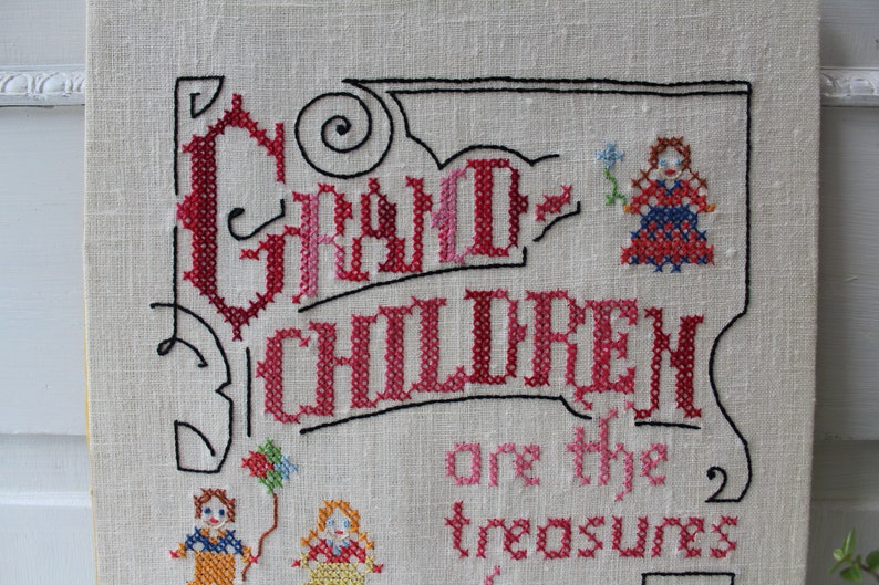 Vintage Cross Stitch Embroidery Grandchildren are the treasures of our golden years. Grandparent Wall Hanging Unframed 12 x 16 image 5