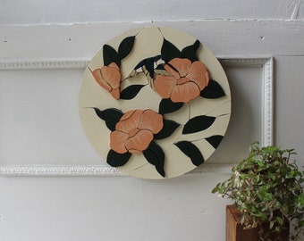 Vintage 3D Wooden Art - Hummingbird with Flowers - Round Wall Hanging - Floral Wall Sculpture Mosaic - 11.5" 1993