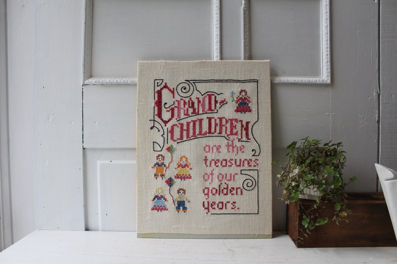 Vintage Cross Stitch Embroidery Grandchildren are the treasures of our golden years. Grandparent Wall Hanging Unframed 12 x 16 image 2