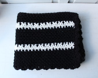 Vintage Lap Afghan - Baby Crib Blanket - Black and White Stripe -  27" x 42"