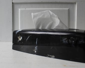 Vintage Tissue Box Cover - Black Marble Plastic - Bathroom Accessory - Made in USA