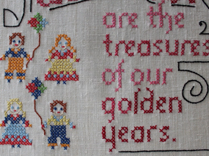 Vintage Cross Stitch Embroidery Grandchildren are the treasures of our golden years. Grandparent Wall Hanging Unframed 12 x 16 image 7