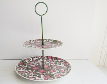 Vintage Plate Stand - 2 Tier Cupcake Stand - Serving Tray - Desert Serving Plate - Pink & Green Pear Design  Enesco Plates
