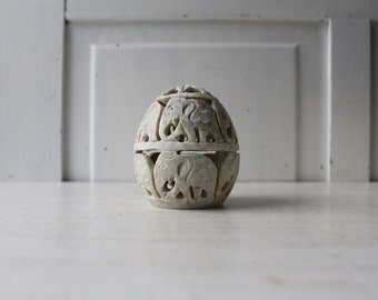 Vintage Carved Stone Egg - Elephant Design - Eclcectic Global Decor