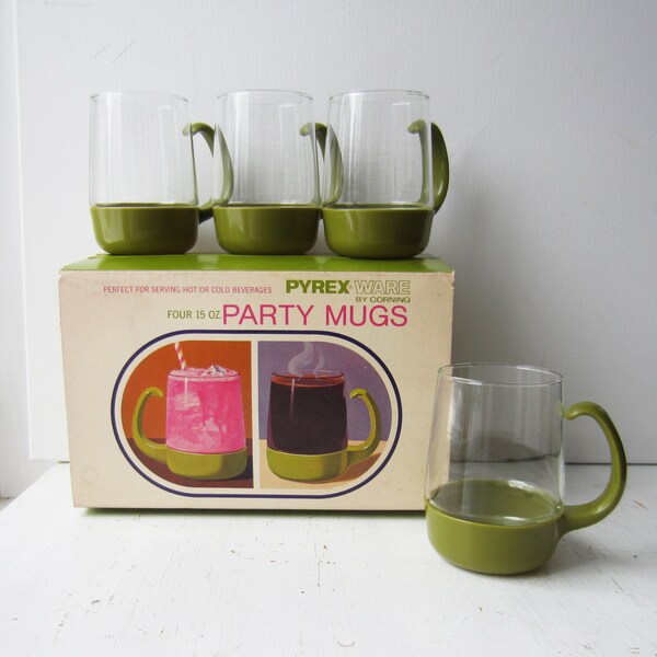 8 Mugs Pyrex Ware Party Mugs - Clear Glass with Green Plastic Handles - Hot or Cold Beverages -  New Old Stock 1960's - Serving Entertaining
