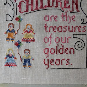 Vintage Cross Stitch Embroidery Grandchildren are the treasures of our golden years. Grandparent Wall Hanging Unframed 12 x 16 image 4