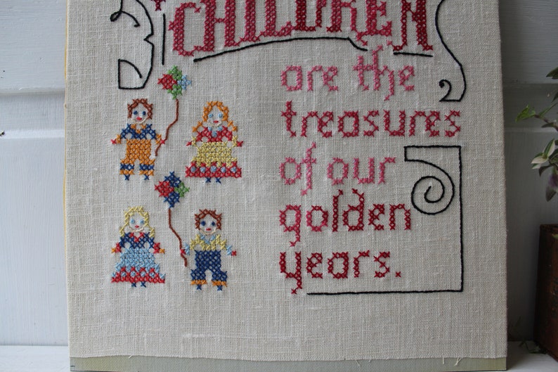 Vintage Cross Stitch Embroidery Grandchildren are the treasures of our golden years. Grandparent Wall Hanging Unframed 12 x 16 image 4