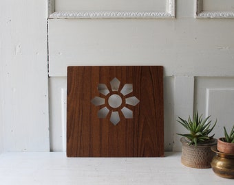 Wooden Wall Art Panel With Flower / Sun Cut Out - Repurposed Wall Decor - Made in Taiwan