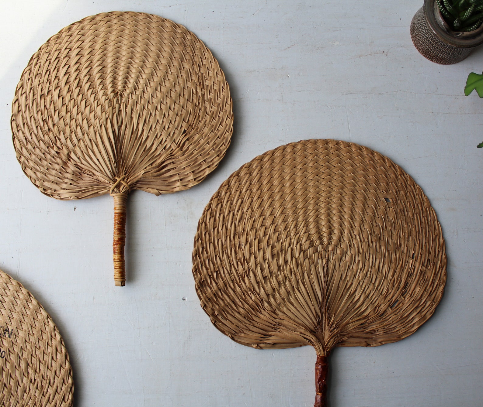 4 Vintage Rattan Hand Fans Woven Natural Wicker Fans Etsy
