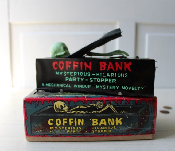 Vintage Coffin Bank - Wind up Mechanical Bank - Tin Toy Coin Bank