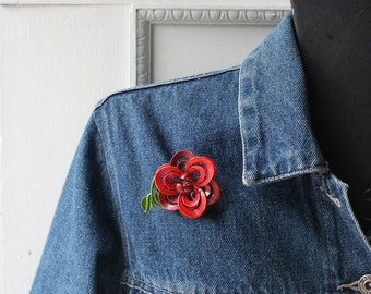 Vintage Red Rose Flower Brooch Pin -  Vintage Accessory - Jacket Pin