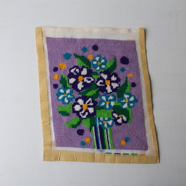 Floral Still Life Needlepoint - Unframed Purple Flowers in Vase - Comes with Some Yarn - 8" x 10" image size