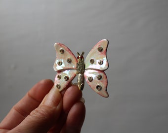 Vintage Butterfly Brooch Pin - Iridescent with Rhinestones Vintage Accessory - Jacket Pin