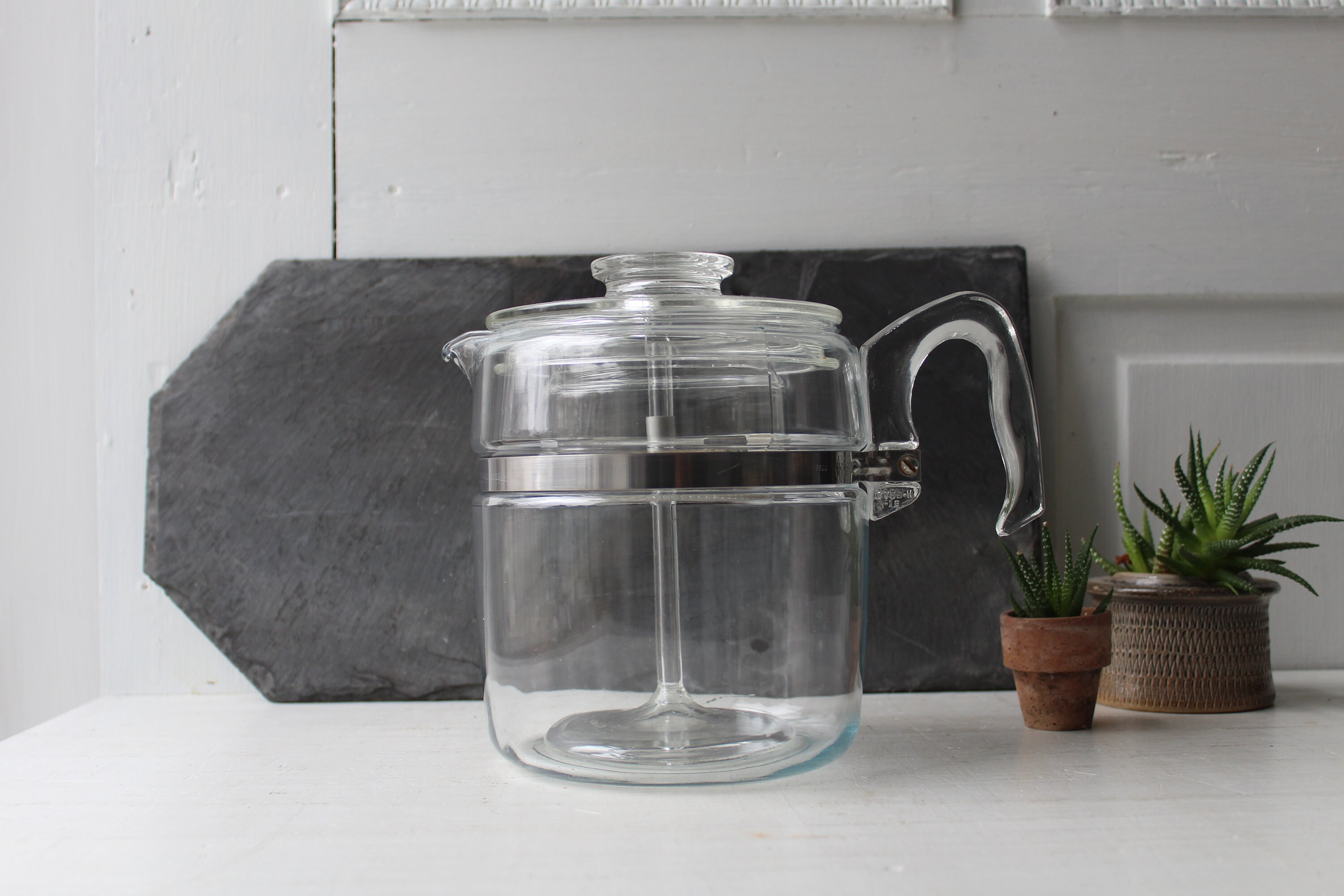 Vintage 9 Cup Pyrex Percolator Clear Flameware Stovetop Glass Coffee Maker  Tea Pot 7759 B Missing Top Aluminum Diffuser No Chips 