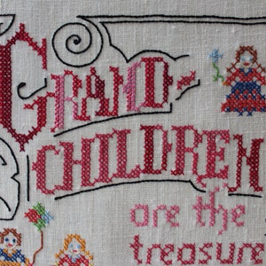 Vintage Cross Stitch Embroidery Grandchildren are the treasures of our golden years. Grandparent Wall Hanging Unframed 12 x 16 image 8