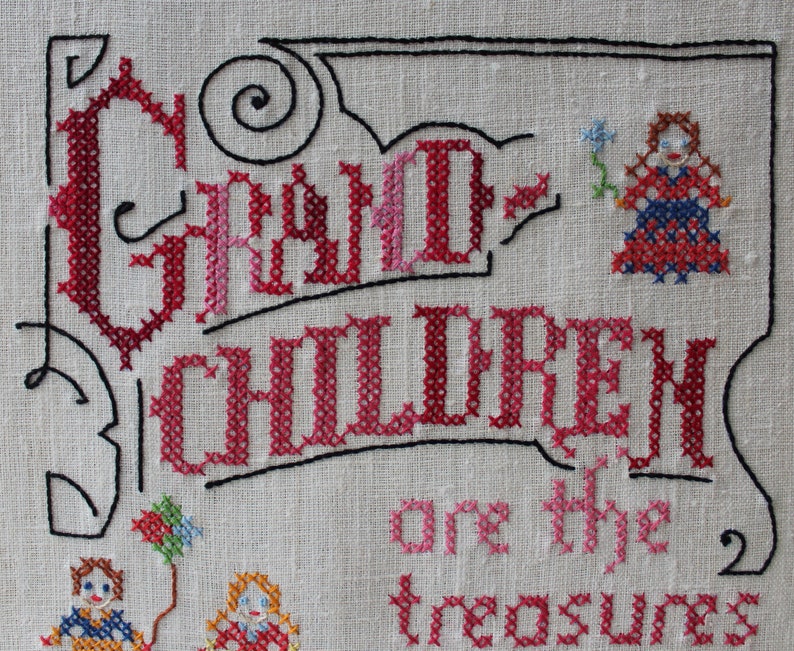 Vintage Cross Stitch Embroidery Grandchildren are the treasures of our golden years. Grandparent Wall Hanging Unframed 12 x 16 image 8