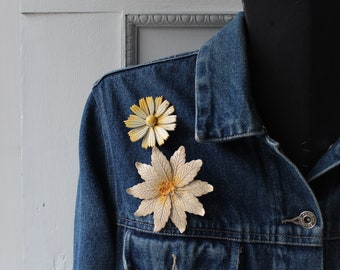 TWO Vintage Yellow Flower Brooch Pins - Textured Yellow Tropical Flower Pin - Yellow Daisy -  Spring Summer Accessories