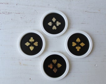 4 Vintage Drink Coasters Set - Black White & Metallic Gold - Playing Card Suits -  Club Diamond Heart Spades