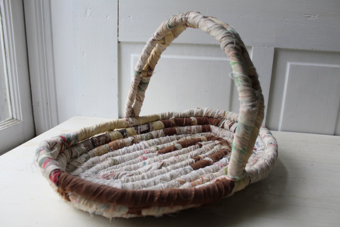 Vintage Coiled Fabric Rag Basket with Handle Neutral Pastels Etsy