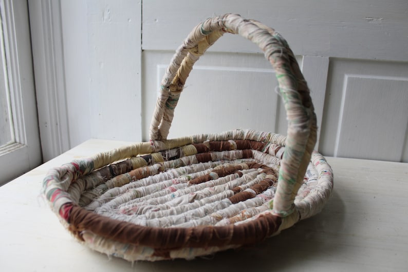 Vintage Coiled Fabric Rag Basket with Handle Neutral Pastels Etsy