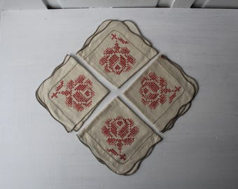 4 Vintage Embroidered Flower Napkins - Linen with Pink Cross Stitch Flowers 10 1/2" Square
