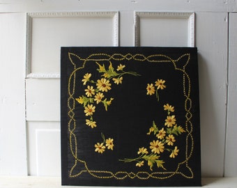 Vintage Embroidery Wall Hanging - Black & Yellow Flower Embroidery 18" x 18"