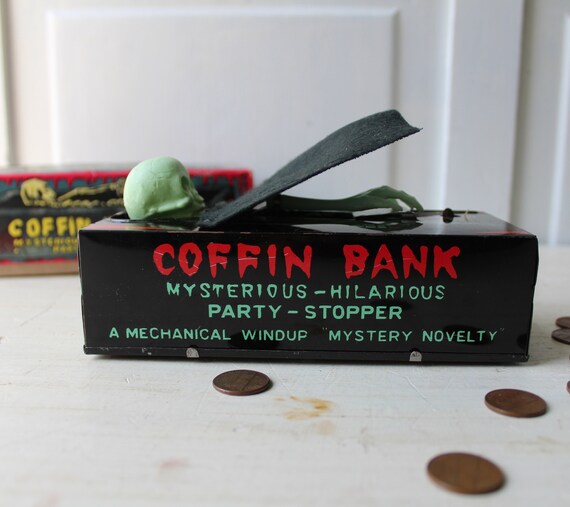 Vintage Coffin Bank - Wind up Mechanical Bank - Tin Toy Coin Bank