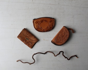 3 Vintage Leather Change Purses / Key Case - Key Wallet - Key Holder - Tooled Leather - Wallet - Coin Purse