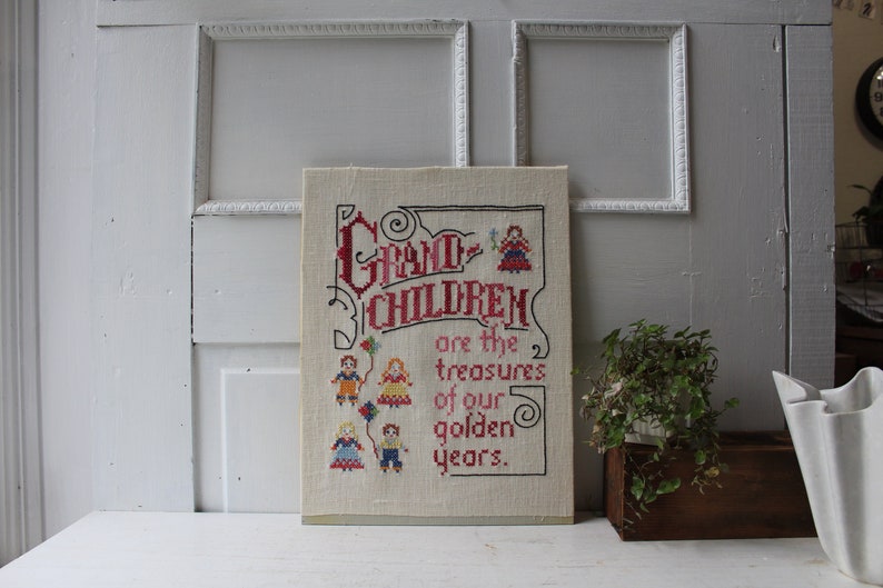 Vintage Cross Stitch Embroidery Grandchildren are the treasures of our golden years. Grandparent Wall Hanging Unframed 12 x 16 image 1