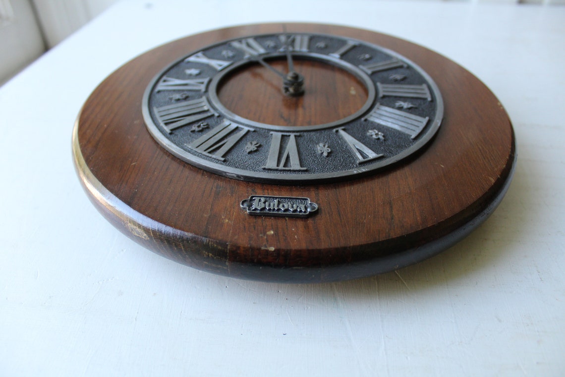 Vintage Bulova Wall Clock Round Wood Clock With Metal Etsy