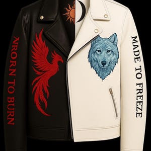 Sun & Moon Embroidered Leather Jacket | Two-Tone Black and White Biker Style | Phoenix and Wolf Design | Statement Unisex Jacket