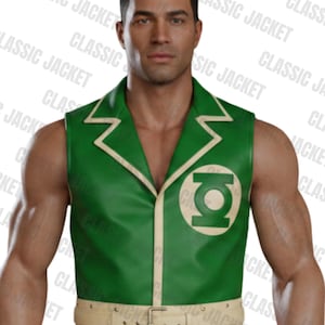 May include: Green vest with cream-coloured trim and a matching belt. The vest features a circular emblem and is paired with white trousers. The text "CLASSIC JACKET" is visible in the background.