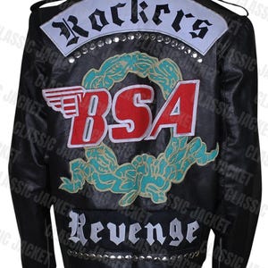 May include: Black leather jacket featuring the words "Rockers", "BSA", and "Revenge" on the back. The jacket has a classic biker design, with silver studs and decorative embroidery, a timeless style.