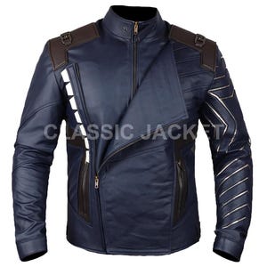 May include: A navy blue leather jacket with a stand-up collar and a diagonal zip. The jacket has brown shoulder accents and silver stripes on the sleeves. The text "CLASSIC JACKET" is visible on the front.