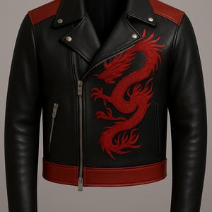 Embroidered Dragon Vegan Leather Biker Jacket, Handmade Statement Outerwear