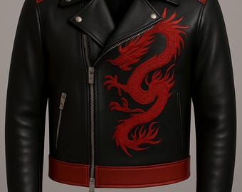 メンズ ブラックレザー ドラゴン刺繍 バイカージャケット - レッド刺繍