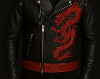 Embroidered Dragon Vegan Leather Biker Jacket, Handmade Statement