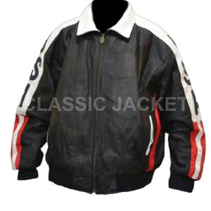 May include: Black leather jacket with white collar and sleeve accents. The sleeves have red and white stripes. The jacket has a zipper closure and the words "CLASSIC JACKET" are printed on the front.
