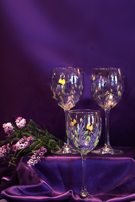 Handpainted Lavender Wine Glasses 2 Etsy