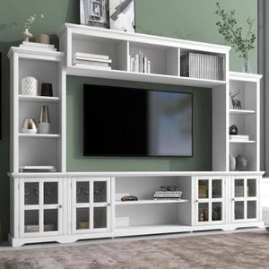 Parete attrezzata minimalista in legno massello con supporto a ponte/TV per TV fino a 70 pollici/consolle multimediale in stile rustico e mobiletto portaoggetti.