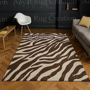Modern Zebra Print Area Rug | Hand Tufted Brown & Cream Animal Print Carpet | Contemporary Living Room Rug | Safari Style Home Decor