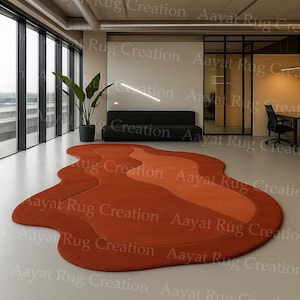 5x5ft Wavy Modern Hand Tufted Rug, Flow Pattern Irregular rust colour rug, 100% newzealand wool Rug for living room, Bedroom & Hallway Dècor