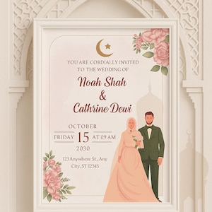 Invito a nozze islamico moderno, modello minimale modificabile per biglietto Nikah, modello digitale per matrimonio musulmano, design per sposa con hijab