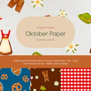 Op de afbeelding: Digitale papier-set met Oktoberfest-thema patronen, inclusief illustraties van bruine lederhosen, groene hoeden, witte edelweiss bloemen en rood-witte ruitjes. De tekst luidt Digital Paper, Oktober Paper, 9 DIGITAL PAPER.