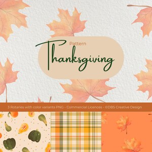 Pode incluir: Design de padrão digital com tema de Ação de Graças com folhas de bordo laranja e amarelas em estilo aquarela sobre um fundo branco texturizado. A palavra "Thanksgiving" é escrita em uma fonte de script sobre um oval bege. Inclui três padrões de variantes de cores.