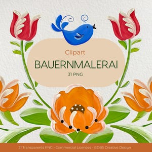 Pode incluir: Um gráfico digital apresentando uma ilustração de um pássaro azul sobre um oval bege contendo o texto Clipart BAUERNMALERAI 31 PNG. O design é emoldurado por flores vermelhas e laranjas com folhas verdes sobre um fundo branco.