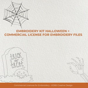 Pode incluir: Ilustração em linha de desenhos de bordado com tema de Halloween. Inclui uma teia de aranha, uma lápide com o texto "Trick or Treat", uma abóbora e uma mão de esqueleto. O texto diz "EMBROIDERY KIT HALLOWEEN + COMMERCIAL LICENSE FOR EMBROIDERY FILES."