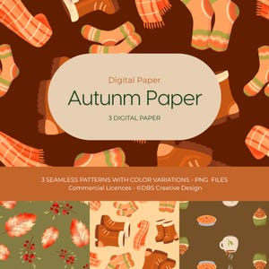 Pode incluir: Conjunto de papel digital com padrões sem costura com temas de outono, incluindo meias laranja, botas castanhas, cachecóis xadrez, bagas vermelhas, folhas, cupcakes e canecas em fundos castanho escuro, verde azeitona e creme com texto.